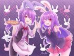  1girl ;d androgynous animal_ears apron artist_name bangs blazer blouse bonnie_(fnaf) bowtie character_name cowboy_shot crossover five_nights_at_freddy&#039;s food hair_between_eyes hands_together highres leaning_forward long_hair long_sleeves looking_at_viewer low_ponytail moeno_himeka necktie one_eye_closed open_mouth personification pink_hair pizza pleated_skirt pointing pointing_at_viewer purple_background rabbit_ears red_eyes reisen_udongein_inaba shirt short_sleeves signature skirt sleeves_folded_up smile star striped striped_background tareme touhou trait_connection tray waist_apron 