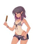  1girl bikini black_hair character_request dungeon_and_fighter elf gh highres long_hair pointy_ears popsicle red_eyes short_shorts shorts shorts_pull small_breasts solo striped striped_bikini striped_swimsuit swimsuit tan tanline 