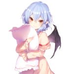  1girl bat_wings blue_hair capelet commentary_request kinketsu long_sleeves looking_at_viewer nightgown pillow pillow_hug pink_eyes pointy_ears remilia_scarlet solo touhou wings 