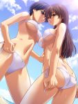  2girls ass bikini black_eyes black_hair brown_eyes brown_hair jiyuuyuu long_hair multiple_girls original short_hair swimsuit 