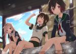  3girls black_hair blonde_hair brown_hair feet_in_water fubuki_(kantai_collection) hair_flaps hair_ornament hair_ribbon highres kantai_collection long_hair multiple_girls mutsuki_(kantai_collection) open_mouth red_eyes remodel_(kantai_collection) ribbon sasahara_wakaba school_uniform serafuku short_hair soaking_feet water yuudachi_(kantai_collection) 