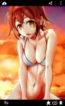  1girl alternate_costume bikini_top bottomless breasts brown_hair clouds cloudy_sky collarbone franz_(217franz) hairband highres kantai_collection looking_at_viewer navel no_panties open_mouth orange_eyes orange_sky outdoors shiratsuyu_(kantai_collection) sky solo string_bikini sweat swimsuit upper_body 