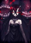  1girl battleship_water_oni black_hair dress elbow_gloves gloves glowing glowing_eyes hibanar horn kantai_collection long_hair looking_at_viewer monster open_mouth pale_skin parted_lips red_eyes saliva solo strapless_dress 