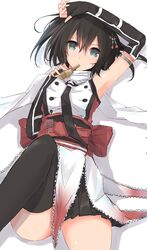  1girl arm_on_head arm_up armpits black_hair black_legwear black_skirt blue_eyes elbow_gloves fingerless_gloves gloves highres hot kantai_collection looking_at_viewer lying nao_(qqqbb) neckerchief obi on_back one_leg_raised pleated_skirt remodel_(kantai_collection) sailor_collar sash scarf sendai_(kantai_collection) short_hair simple_background single_thighhigh skirt solo sweat thigh-highs tupet two_side_up white_background white_scarf 