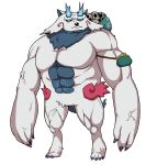artist_request blue_eyes coin_purse flat_color full_body furoshiki highres mighty_dog muscle muscular_male official_art paws simple_background skull solid_eyes solo standing white_background white_fur youkai youkai_watch