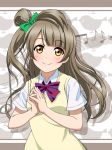 1girl bird_print bow brown_eyes brown_hair hair_bow hands_together looking_at_viewer love_live!_school_idol_project minami_kotori musical_note official_style one_side_up school_uniform smile solo takamin_apaman 