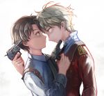  2boys aldnoah.zero brown_hair cravat double-breasted epaulettes green_eyes gun holster jacket kaizuka_inaho male_focus military military_uniform miso_katsu multiple_boys shirt short_hair silver_hair slaine_troyard uniform weapon 