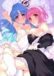  2girls apron armpits bare_shoulders blue_hair blush breast_press breasts covered_navel crown dress heart heart-shaped_pupils large_breasts long_hair looking_at_viewer maid maid_headdress mini_crown multiple_girls off_shoulder original panties pink_hair red_eyes short_hair small_breasts smile strapless_dress symbol-shaped_pupils tatami_to_hinoki tears thigh-highs underwear white_legwear white_panties 