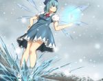  1girl blue_dress blue_eyes blue_hair blue_shoes bow cirno collared_shirt commentary_request dress from_below glowing hair_bow hand_on_hip highres ice ice_wings k_ryo knees_together_feet_apart lake looking_to_the_side mary_janes perspective puffy_short_sleeves puffy_sleeves serious shirt shoes short_sleeves small_breasts snowflakes snowing socks solo thighs touhou water wings 