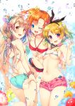  3girls :d ;d bandeau bikini bikini_top blonde_hair blue_eyes bow bracelet breasts brown_hair cleavage droplets flower hair_bow hair_ribbon jewelry koizumi_hanayo kousaka_honoka long_hair looking_at_viewer looking_back love_live!_school_idol_project minami_kotori miwabe_sakura multiple_girls nail_polish navel necklace one_eye_closed one_side_up open_mouth orange_hair pink_eyes pink_nails ribbon shiny shiny_skin short_hair short_shorts shorts smile splashing strap_gap swimsuit thigh_gap under_boob water yellow_eyes 