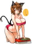  1girl all_fours animal_ears barefoot bikini blush breasts brown_hair cat_ears cat_tail chen earrings jewelry large_breasts multiple_tails red_bikini red_eyes sachito short_hair simple_background solo swimsuit tail touhou 