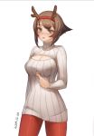  1girl antlers blush breasts brown_hair cleavage_cutout green_eyes hairband jewelry kantai_collection large_breasts looking_at_viewer mutsu_(kantai_collection) naughty_face necklace open_mouth qingmingtongzi reindeer_antlers shirt_pull short_hair solo 