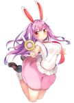  1girl animal_ears blush full_body gun legacy_of_lunatic_kingdom long_hair looking_at_viewer necktie outstretched_arms puffy_sleeves purple_hair rabbit_ears red_eyes reisen_udongein_inaba shirt shoes short_sleeves simple_background skirt socks solo touhou weapon white_background white_legwear yukizumi_remon 