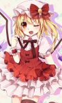  1girl ;o alternate_costume blush bow fang flandre_scarlet hat hat_bow one_eye_closed open_mouth side_ponytail solo touhou wings wrist_cuffs yuria_(kittyluv) 