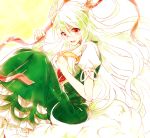  1girl bow ex-keine green_hair hat highres horn_ribbon horns kamishirasawa_keine long_hair open_mouth red_eyes ribbon six_(fnrptal1010) smile solo tail touhou 