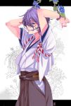  1boy arms_up blue_eyes flower fu_yukari gagged japanese_clothes kasen_kanesada morning_glory purple_hair shibari tied_up touken_ranbu 