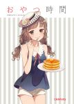  1girl braid brown_eyes brown_hair butter flower fork hair_ribbon hat highres honey long_hair morikura_en pancake ribbon shorts sleeveless smile solo tagme twin_braids twintails 