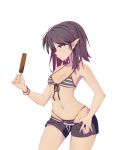  1girl bikini black_hair character_request dungeon_and_fighter elf gh highres long_hair pointy_ears popsicle red_eyes short_shorts shorts shorts_pull small_breasts solo striped striped_bikini striped_swimsuit swimsuit 