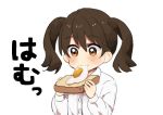  1girl brown_eyes brown_hair commentary_request egg food food_in_mouth ishihara_saika kantai_collection long_sleeves ryuujou_(kantai_collection) short_hair simple_background solo toast twintails white_background younger 