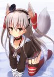 1girl all_fours amatsukaze_(kantai_collection) animal_ears brown_eyes choker dated fox_ears fox_tail gloves hair_tubes headgear hionhk kantai_collection kemonomimi_mode long_hair looking_at_viewer no_shoes red_legwear silver_hair solo striped striped_legwear tail thigh-highs twitter_username two_side_up white_gloves 