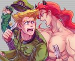  3boys blonde_hair blue_eyes chocoblood fork helmet horns jojo_no_kimyou_na_bouken joseph_joestar_(young) knife long_hair military military_uniform multiple_boys redhead rudolph_von_stroheim santana_(jojo) tears uniform 