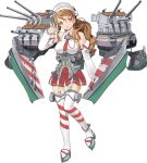  1girl bare_shoulders breasts brown_hair detached_sleeves hair_ornament hat jiji kantai_collection littorio_(kantai_collection) looking_at_viewer machinery necktie official_art red_skirt skirt solo striped striped_legwear thigh-highs transparent_background white_legwear 
