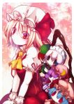  1girl :t ascot blonde_hair character_doll flandre_scarlet fua_yuu gradient gradient_background hands_on_lap hat hat_ribbon hong_meiling izayoi_sakuya looking_at_viewer mob_cap patchouli_knowledge puffy_short_sleeves puffy_sleeves red_eyes remilia_scarlet ribbon short_hair short_sleeves sitting skirt skirt_set solo sparkle touhou wings wrist_cuffs 