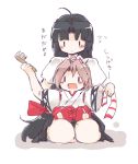  2girls :d ahoge barefoot black_hair brown_hair flying_sweatdrops hachimaki headband japanese_clothes kantai_collection kenoka long_hair lowres multiple_girls open_mouth pleated_skirt short_hair short_sleeves shorts shouhou_(kantai_collection) simple_background sitting sitting_on_person skirt sleeves_past_wrists smile white_background younger zuihou_(kantai_collection) |_| 