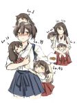  2girls =_= akagi_(kantai_collection) blue_skirt blush brown_eyes brown_hair japanese_clothes kaga_(kantai_collection) kantai_collection long_hair multiple_girls multiple_persona nose_blush person_on_head pleated_skirt ponytail red_skirt short_hair side_ponytail simple_background sketch skirt smile white_background younger 