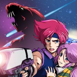  blue_eyes comet earth eline_suleiman fingerless_gloves gloves gun headband jesus_kyofu_no_bio_monster monster musou_hayao open_mouth pink_hair purple_hair star_(sky) weapon yazwo 