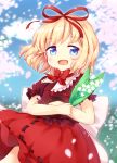  1girl blonde_hair blue_eyes blue_sky flower hair_ribbon lily_of_the_valley medicine_melancholy mi_hitsuji open_mouth puffy_short_sleeves puffy_sleeves ribbon sash shirt short_sleeves skirt sky smile solo touhou 