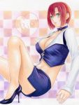  1girl blush bowtie breasts character_name cleavage colored_pencil croupier green_eyes juliejulie large_breasts miniskirt navel pencil pencil_skirt redhead rio_rollins short_hair side_slit skirt solo super_blackjack traditional_media 