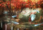  1girl autumn_leaves black_hair fire forest fox_mask mask melonsoda_(shinryoku) nature ofuda original scenery short_hair 