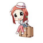  &gt;_&lt; 1girl :d blush bow brown_eyes chibi gloves harumi_kajika hat hat_bow looking_at_viewer minami_(colorful_palette) open_mouth pantyhose pink_legwear ponytail rabbit redhead ribbon simple_background sitting smile solo suitcase tokyo_7th_sisters white_background 