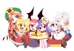  6+girls bat_wings blonde_hair blue_hair blush bow braid chibi closed_eyes couch crescent_hair_ornament crystal fangs flandre_scarlet food frills full_body glowing green_eyes hair_bow hair_ornament happy hat head_wings hong_meiling hug hug_from_behind izayoi_sakuya koakuma kuresento long_hair long_sleeves looking_at_another maid_headdress multiple_girls no_hat open_mouth patchouli_knowledge pink_eyes ponytail pudding puffy_sleeves purple_hair red_eyes redhead remilia_scarlet shirt short_hair short_sleeves side_ponytail silver_hair simple_background sitting skirt skirt_set smile spoon star striped touhou twin_braids vest white_background wings wrist_cuffs 