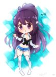  1girl black_hair breasts character_request chibi cleavage detached_sleeves dungeon_and_fighter highres long_hair midriff navel pointy_ears ponytail short_shorts shorts solo tailcoat tandozzing thighhighs very_long_hair violet_eyes 