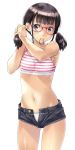  1girl adjusting_hair bangs bare_shoulders black_hair blunt_bangs brown_eyes camisole cowboy_shot cutoffs denim denim_shorts fingernails flat_chest glasses hair_tie highres horizontal_stripes midriff mouth_hold nagayori navel no_shirt open_fly panties pantyshot pantyshot_(standing) payot red-framed_glasses short_shorts short_twintails shorts simple_background smile solo sports_bra standing stomach striped twintails tying_hair unbuttoned underwear unzipped white_background white_panties 