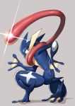  blue_skin greninja highres pokemon pokemon_(creature) red_eyes shrug solo squatting tail very_long_tongue wadani_hitonori webbed_hands 