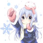  1girl amedamacon blue_eyes blue_hair bunny_on_head gochuumon_wa_usagi_desu_ka? kafuu_chino long_hair mittens open_mouth rabbit scarf snow snowflakes snowing solo tippy_(gochuumon_wa_usagi_desuka?) 