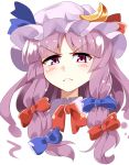  &gt;:&lt; 1girl angry blush bow bowtie crescent_hair_ornament e.o. frown hair_bow hair_ornament hair_ribbon highres long_hair looking_at_viewer mob_cap patchouli_knowledge portrait purple_hair ribbon solo tareme touhou tress_ribbon violet_eyes 