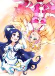  2girls :d arm_warmers blonde_hair blue_eyes blue_hair bow brooch choker cure_flora cure_white eyebrows frills futari_wa_precure gloves go!_princess_precure gradient_hair green_eyes hair_bow half_updo haruno_haruka heart heart_hands heart_hands_duo highres jewelry kaz_(10916310) long_hair magical_girl multicolored_hair multiple_girls open_mouth pink_bow pink_hair pink_skirt precure skirt smile streaked_hair symmetry thick_eyebrows two-tone_hair upside-down very_long_hair white_bow white_gloves white_skirt yellow_background yukishiro_honoka 