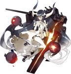  1girl anchorage_water_oni black_hair burnt_clothes cannon dress fire glowing glowing_eyes gradient_hair grey_hair horns kantai_collection long_hair machinery multicolored_hair orange_eyes pale_skin runway shinkaisei-kan solo torn_clothes torn_dress transparent_background very_long_hair white_hair 