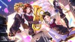  4girls :d bag black_hair black_legwear blonde_hair blush bow brown_hair chair cherry_blossoms curtains dutch_angle euphonium hair_bow hair_ornament hairclip hand_on_another&#039;s_knee hand_on_another&#039;s_shoulder hibike!_euphonium highres holding indoors instrument katou_hazuki kawashima_sapphire kneehighs kousaka_reina long_hair long_sleeves multiple_girls open_mouth oumae_kumiko outstretched_arm petals pleated_skirt school_bag school_uniform serafuku shelf shirt shoes short_hair sitting skirt smile standing swordsouls thigh-highs trumpet uwabaki v violet_eyes wariza white_legwear window yellow_eyes zettai_ryouiki 