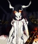  1girl anchorage_water_oni black_hair dress horns kantai_collection long_hair mi_(utametro) orange_eyes shinkaisei-kan solo very_long_hair white_dress white_skin 