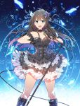  1girl bare_shoulders blush boots brown_hair dress flower gloves green_eyes hair_flower hair_ornament idolmaster idolmaster_cinderella_girls long_hair looking_at_viewer microphone microphone_stand open_mouth redrop shibuya_rin solo 