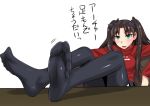 1girl black_legwear blush bow breasts brown_hair fate/stay_night fate_(series) feet green_eyes hair_bow kokuryuugan long_hair long_sleeves open_mouth shiny shiny_clothes shiny_hair sitting solo thigh-highs toosaka_rin translated twintails two_side_up 