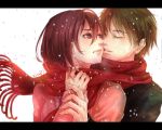  1boy 1girl brown_hair cheek-to-cheek closed_eyes kaine2828 mikasa_ackerman red_scarf scarf shared_scarf shingeki_no_kyojin snow snowing tagme 