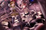  2girls charlotte_(madoka_magica) cherry food fruit gun highres hk_(hk) kaname_madoka mahou_shoujo_madoka_magica multiple_girls school_uniform thigh-highs tomoe_mami weapon 