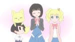  alice_cartelet bangs black_hair blonde_hair blue_eyes blunt_bangs bob_cut fox gugure!_kokkuri-san hair_ornament ichimatsu_kohina kin-iro_mosaic kokkuri-san_(gugukoku) multiple_girls oomiya_shinobu school_uniform short_hair smile twintails undershaft 