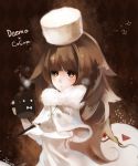  1girl brown_hair cameo capelet cup deemo deemo_(character) expressionless fur girl_(deemo) hat lestored_cro looking_at_viewer mug solo winter_clothes yellow_eyes 
